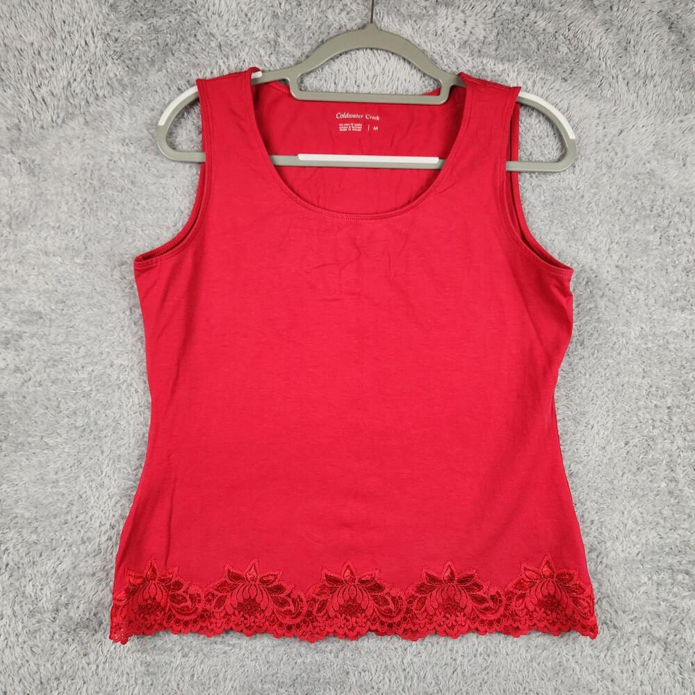 Coldwater Creek Tank Top Womens Medium Red Lace Hem Scoop Neck Stretch Camisole